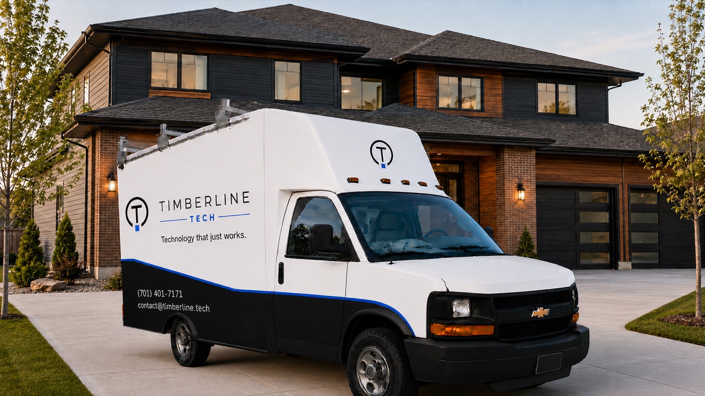 The Timberline Tech service van parked in front of a custom home