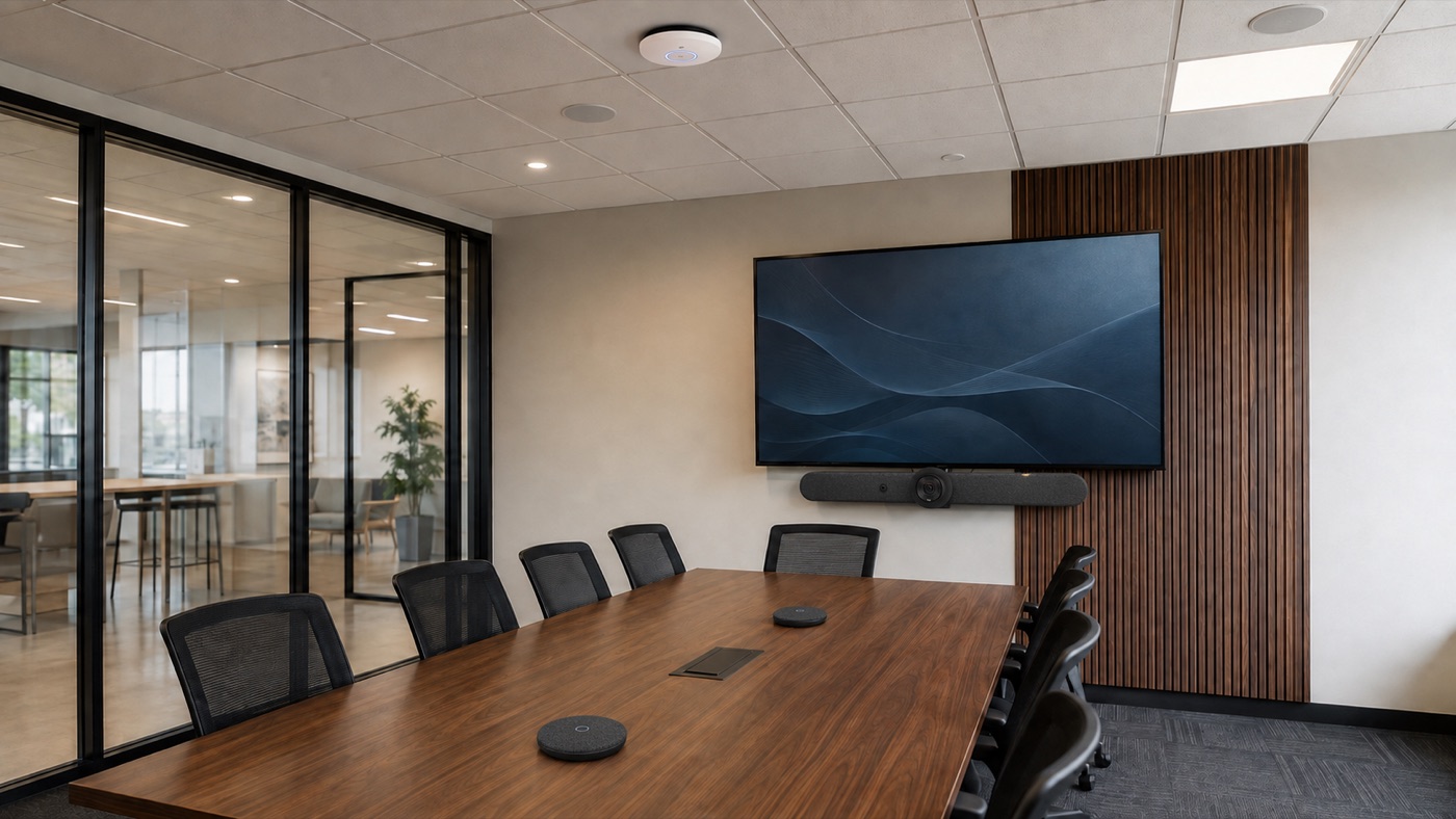 A lit conference room with a wall-mounted display, video bar, table mics and ceiling speakers