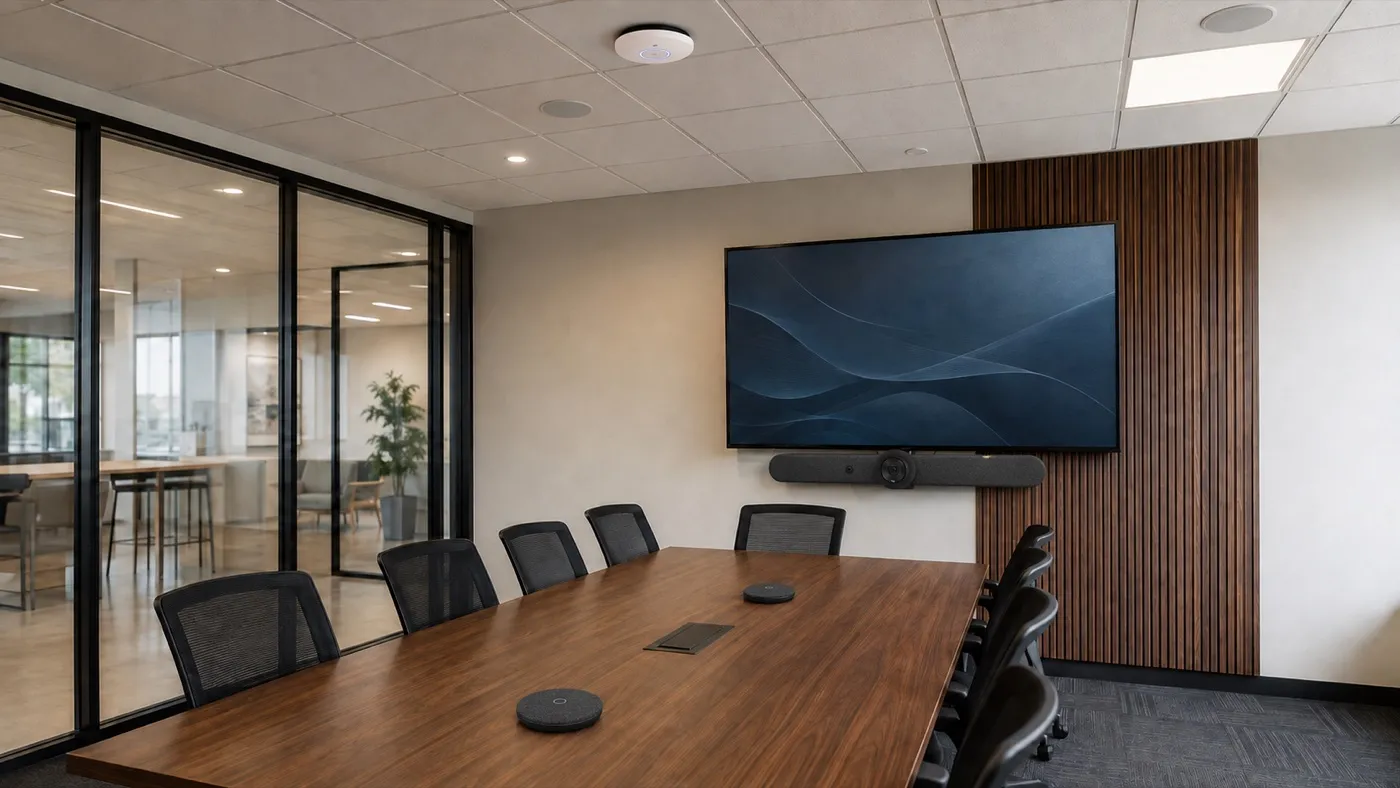 A lit conference room with a wall-mounted display, video bar, table mics and ceiling speakers