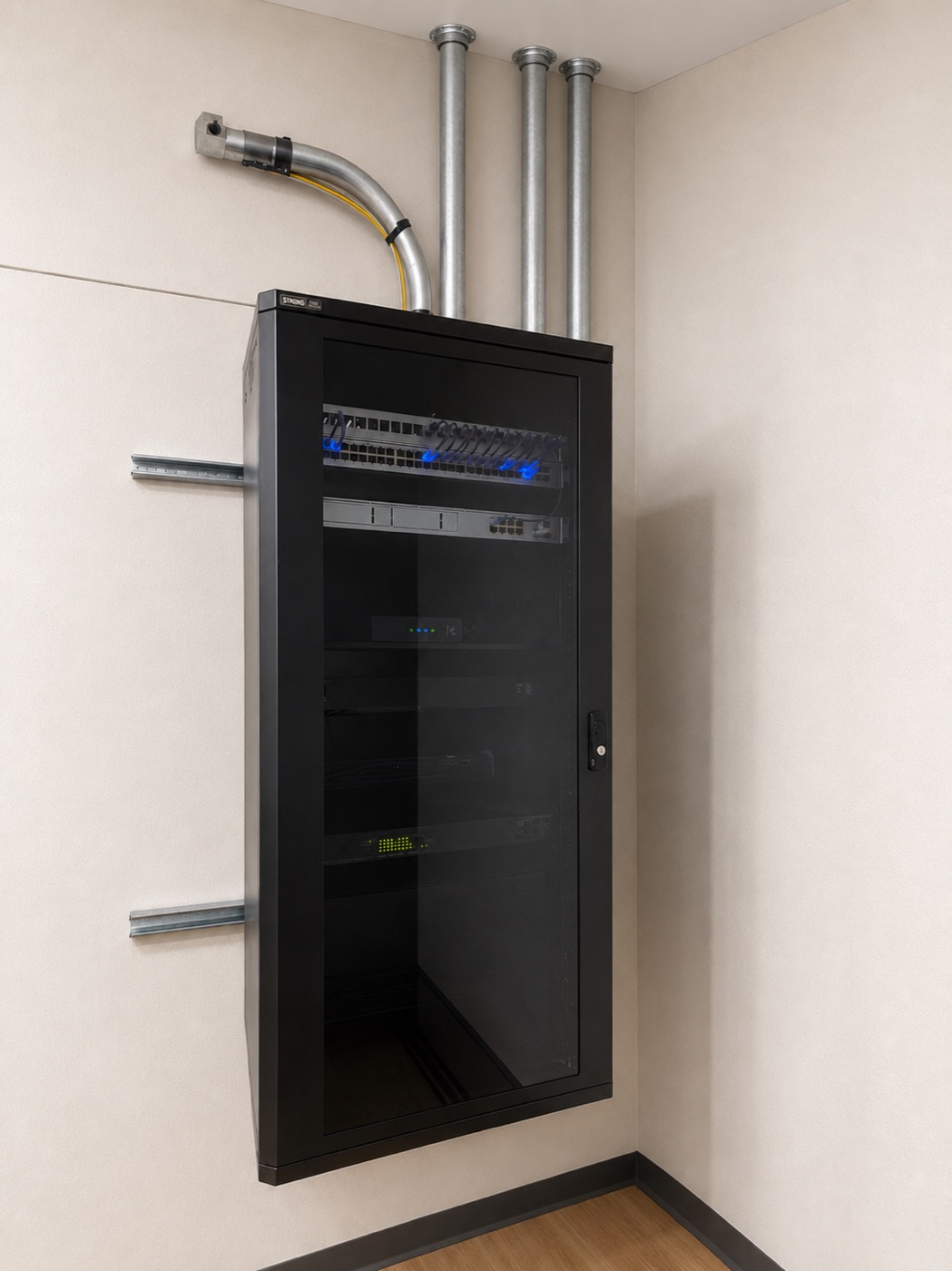 A wall-mounted network rack with patch panel, switch and labeled cabling
