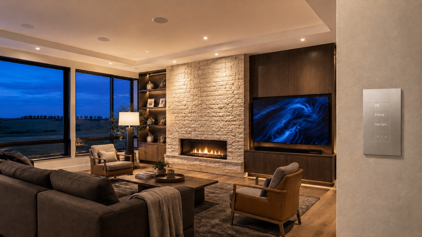 A high-end living room at dusk with a Lutron keypad, a TV above a fireplace and in-ceiling speakers