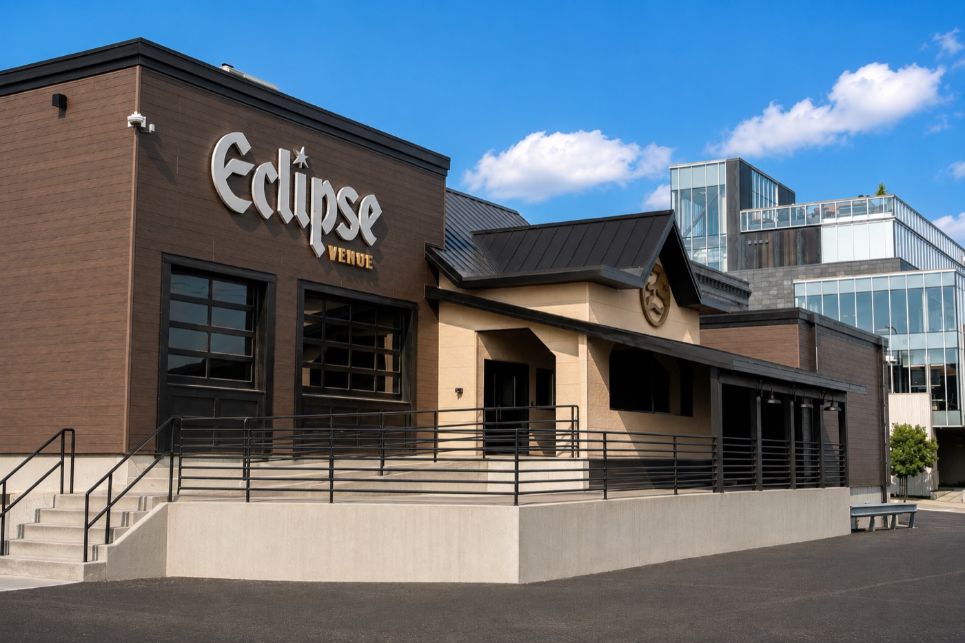 The Eclipse Venue building exterior, an event space built with a complete network, Wi-Fi and lighting system