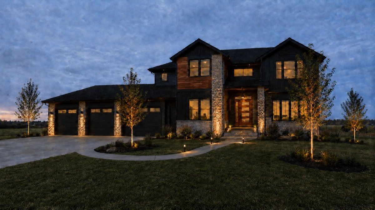 Landscape Lighting — brass path lights at blue hour